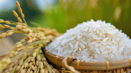 A beautiful arrangement of freshly harvested rice grains in a rustic basket, with green rice plants in the background, showcasing natural agriculture.の素材