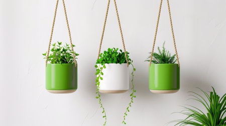 This image showcases stylish hanging planters featuring lush green plants, perfect for enhancing modern home interiors and breathing life into any space.の素材