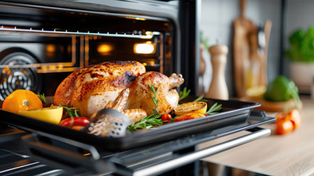 A beautifully roasted chicken surrounded by colorful vegetables and herbs in a modern oven, showcasing a delicious meal ready to be served.の素材