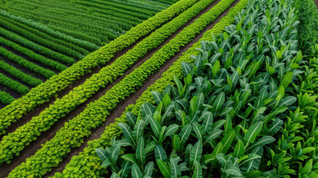 This aerial photograph showcases vibrant green rows of diverse crops, emphasizing the beauty of agricultural landscapes and the harmony of nature.の素材