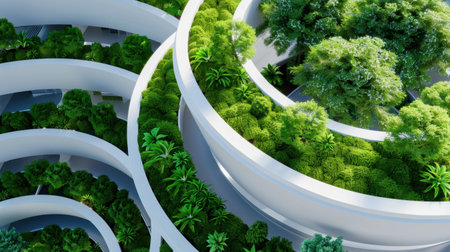 This image showcases an innovative architectural design that seamlessly integrates lush greenery within its curved levels, creating a tranquil urban oasis.の素材
