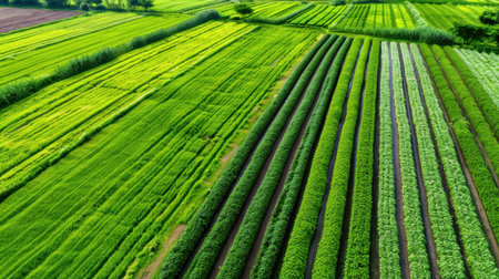 This stunning aerial view captures the vibrant green fields formed in neat rows and patterns, showcasing fertile agricultural land and lush crop growth.の素材