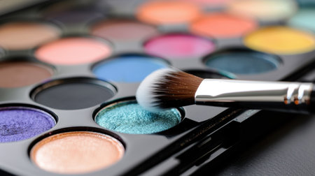 This close-up image showcases a vibrant makeup palette featuring an array of eyeshadow colors, with a soft brush poised to apply the striking hues.の素材