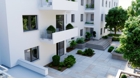 A modern residential apartment complex featuring lush greenery, spacious patios, and balconies designed for comfort and relaxation in an urban setting.の素材