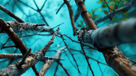 Captivating perspective of twisting tree branches reaching towards a soft blue sky, creating a serene atmosphere in a tranquil forest setting.の素材