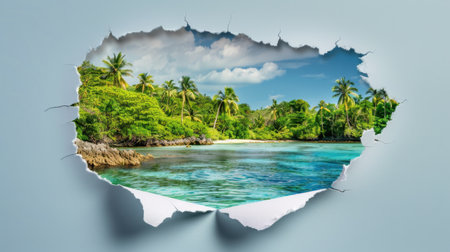 This stunning illustration showcases a tropical paradise viewed through a torn paper effect, featuring lush greenery, clear blue water, and a peaceful beach scene.の素材