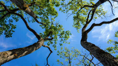 This image captures a captivating view of lush green trees reaching high against a vibrant blue sky, depicting the serenity of nature.の素材
