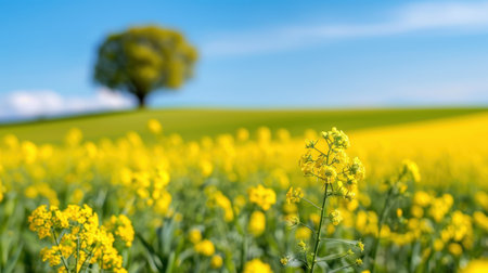 A picturesque scene showcasing a vibrant yellow flower field stretching across green hills under a clear blue sky with a lone tree. Ideal for nature themes.の素材