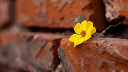 A captivating close-up photograph of a vibrant yellow flower growing against a rustic brick wall. The contrast highlights the beauty of nature and urban elements together.の素材
