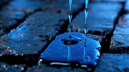 A close-up view capturing the beauty of water droplets falling onto a dark surface. The vivid blue color and intricate textures create a serene and tranquil atmosphere.の素材