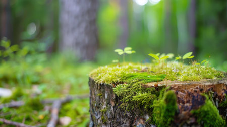 A peaceful forest scene featuring small green sprouts emerging from a moss-covered tree stump. The soft natural light creates a serene atmosphere.の素材