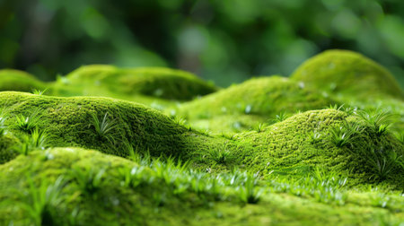 This stunning image features a serene landscape covered in lush green moss and delicate grass, showcasing the beauty of nature's soft hills and tranquil atmosphere.の素材