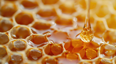 This striking close-up photograph captures honey elegantly dripping from a honeycomb. The warm light highlights the intricate textures and rich color of pure, natural honey.の素材