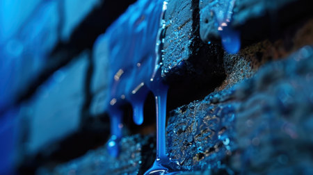 This close-up image captures vibrant blue paint dripping from a textured black brick wall, creating a striking visual contrast and depth in the composition.の素材