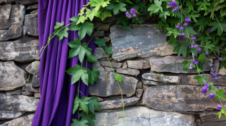 This serene outdoor image features elegant purple fabric draped gracefully over a rustic stone wall adorned with vibrant green ivy and delicate purple flowers.の素材