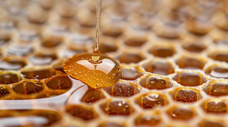 This close-up image captures honey flowing from honeycomb, showcasing the golden color and glistening texture. It highlights the sweet, natural essence of honey.の素材