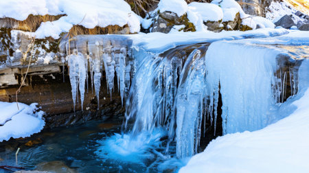 A mesmerizing scene captures a frozen waterfall adorned with icicles cascading over rocks amid a snowy landscape, embodying winter's serenity.の素材