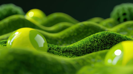 This captivating abstract image showcases a lush green landscape filled with vibrant spheres and textured hills, perfect for artistic and design projects.の素材