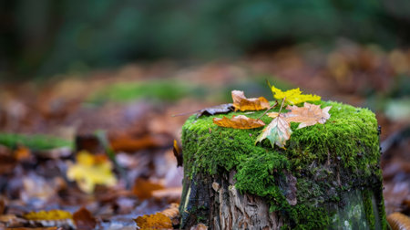 A serene tree stump adorned with vibrant autumn leaves and lush green moss, set in a quiet forest showcase the beauty of nature's cycles.の素材