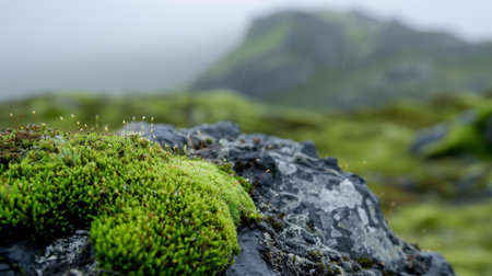 A close-up view of vibrant green moss covering a rocky surface, set against a misty mountain backdrop, creating an enchanting natural atmosphere.の素材