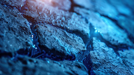 A captivating close-up image highlighting the intricate texture of a wet stone surface. The blue light reflects beautifully on water droplets, showcasing natural detail.の素材