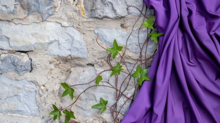 A stunning display of purple fabric draped against a textured stone wall, complemented by delicate ivy vines, creating a beautiful harmony of nature and design.の素材