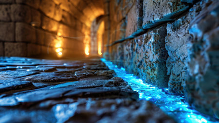 This stunning image captures a glowing blue stream flowing through an ancient stone tunnel, illuminated by warm lights, creating a captivating ambiance.の素材