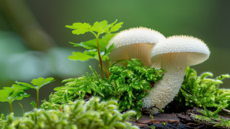 A serene forest scene showcasing white mushrooms nestled in lush green moss and delicate ferns on a wooden log, representing nature's tranquility and biodiversity.の素材