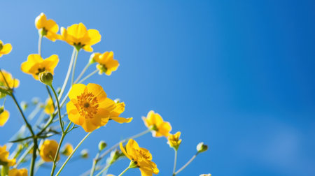 A picturesque scene featuring bright yellow wildflowers reaching towards a clear blue sky, embodying the essence of nature's beauty and tranquility.の素材