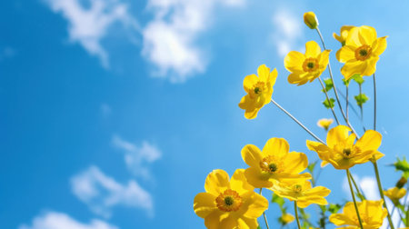A stunning display of bright yellow flowers stands tall against a clear blue sky adorned with fluffy white clouds, evoking a sense of peace and joy in nature.の素材