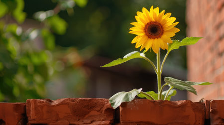 A vibrant sunflower stands boldly through a brick wall, showcasing its bright yellow petals and lush green leaves, embodying resilience and natural beauty.の素材