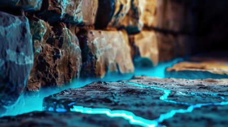 This captivating image features a close-up of ancient stone blocks with a glowing blue light emanating from the cracks, creating a mystical ambiance.の素材