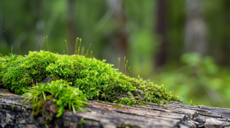 A close-up view of lush green moss growing on a weathered log, surrounded by a vibrant forest background, showcasing the beauty of nature and tranquility.の素材