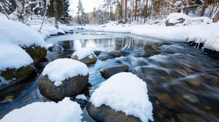 A peaceful winter scene showcasing a flowing stream surrounded by snow-covered rocks and frosty trees, embodying the beauty of nature in a serene forest.の素材