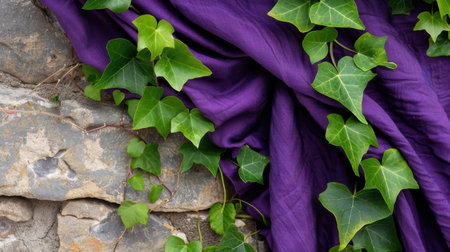 A visually captivating image of rich purple fabric draped over a weathered stone wall, entwined with vibrant green ivy leaves, creating a serene and elegant atmosphere.の素材