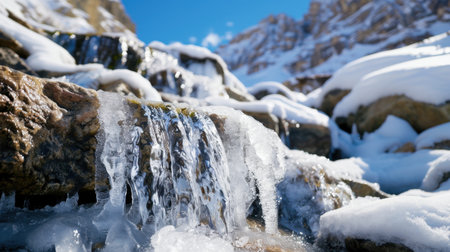 A stunning view of a frozen waterfall glistening under bright sunlight, surrounded by rocky terrain and a winter wonderland setting, evoking tranquility.の素材