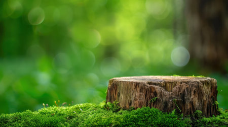 A tranquil forest scene showcasing a moss-covered log resting on lush green ground. The vibrant backdrop features a soft bokeh effect, enhancing the natural beauty.の素材