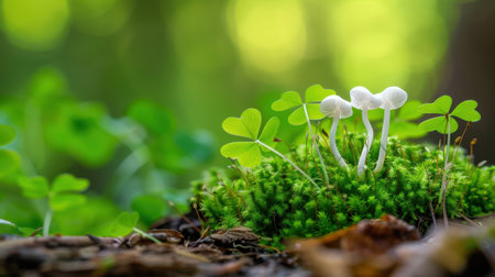 A serene composition of delicate white mushrooms nestled among vibrant green clovers in a lush forest setting, illuminated by soft natural light.の素材