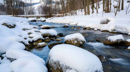 A picturesque winter river scene, featuring gently flowing water over snow-covered rocks, surrounded by a serene forest landscape that invites tranquility.の素材