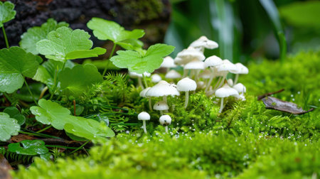 A serene capture showcasing white mushrooms nestled among vibrant green foliage and soft moss, highlighting nature's intricate beauty in a tranquil forest setting.の素材