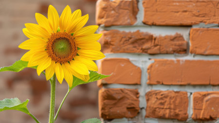 This image features a stunning yellow sunflower standing tall against a rustic red brick wall, showcasing nature's beauty in an urban backdrop. The vibrant yellow petals contrast beautifully with the earthy tones of the bricks, creating a perfect scene of summer bliss.の素材