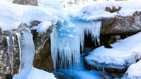 A stunning view of a frozen waterfall cascading over rugged rocks, surrounded by a blanket of fresh snow and impressive icicles, showcases the tranquility of winter.の素材