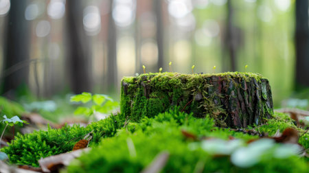 A serene forest scene showcasing a moss-covered tree stump with delicate sprouts, surrounded by rich green foliage, symbolizing natureの素材