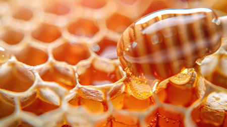 This stunning close-up showcases a honeycomb filled with glistening golden honey droplet, emphasizing the beauty of nature's sweetness and artisan craftsmanship.の素材