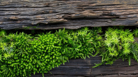 A close-up of vibrant green moss thriving on rustic, weathered dark wood, showcasing the beauty of nature's textures in a serene forest setting.の素材