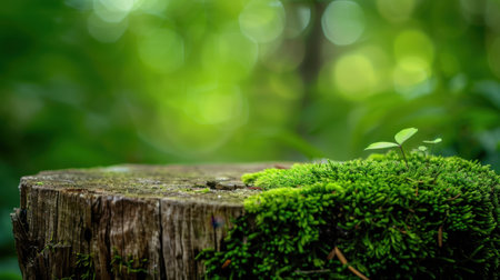 This image captures a charming detail of a tree stump adorned with vibrant green moss and a small plant, set against a serene forest backdrop, showcasing nature's beauty.の素材