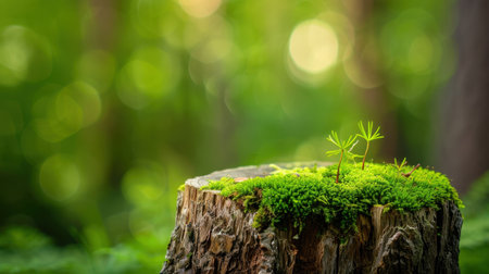 A vibrant scene of new life emerging on a weathered stump, adorned with soft green moss and delicate ferns, illuminated by gentle sunlight in a tranquil forest.の素材