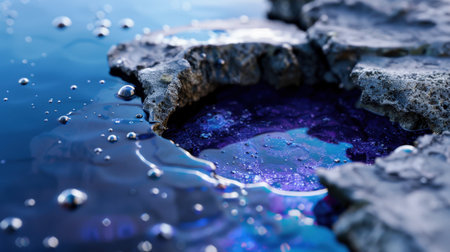 A vibrant close-up of a water pool nestled among rugged rocks. Sparkling bubbles and raindrops create a mesmerizing scene filled with color and texture.の素材