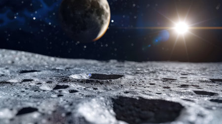 This stunning image showcases a detailed lunar surface with prominent craters, Earth beautifully visible in the distance, and sunlight illuminating the scene.の素材