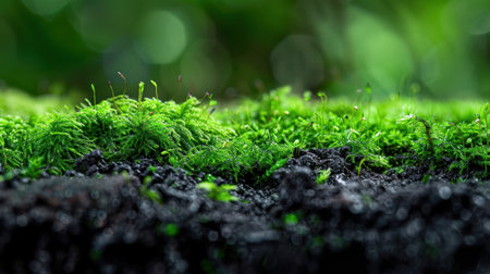 Detailed close up of lush green moss thriving on dark soil, showcasing vibrant textures and nuances in colors, surrounded by a soft focus natural background.の素材